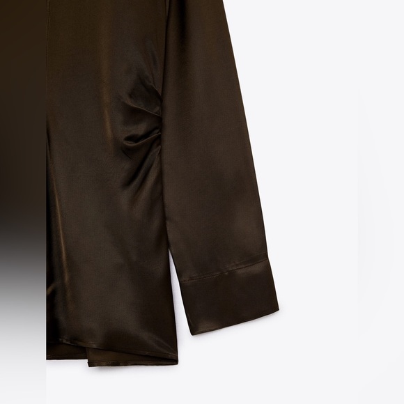 Zara satin Brown ruched side long sleeve button front collared blouse shirt - Picture 4 of 14